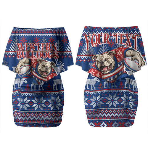 Personalized Western Bulldogs Football Christmas Couples Matching Off Shoulder Short Dress and Long Sleeve Button Shirt Australian Football Mascot - Ugly Xmas Pattern Festive