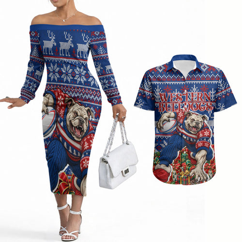 Personalized Western Bulldogs Football Christmas Couples Matching Off The Shoulder Long Sleeve Dress and Hawaiian Shirt Australian Football Mascot - Ugly Xmas Pattern Festive