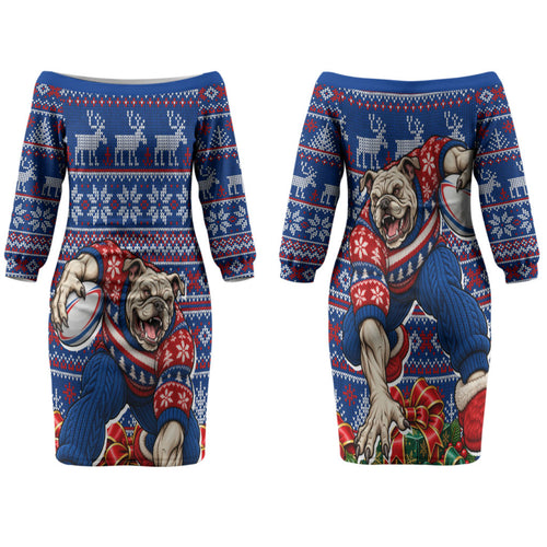 Personalized Western Bulldogs Football Christmas Couples Matching Off The Shoulder Long Sleeve Dress and Hawaiian Shirt Australian Football Mascot - Ugly Xmas Pattern Festive