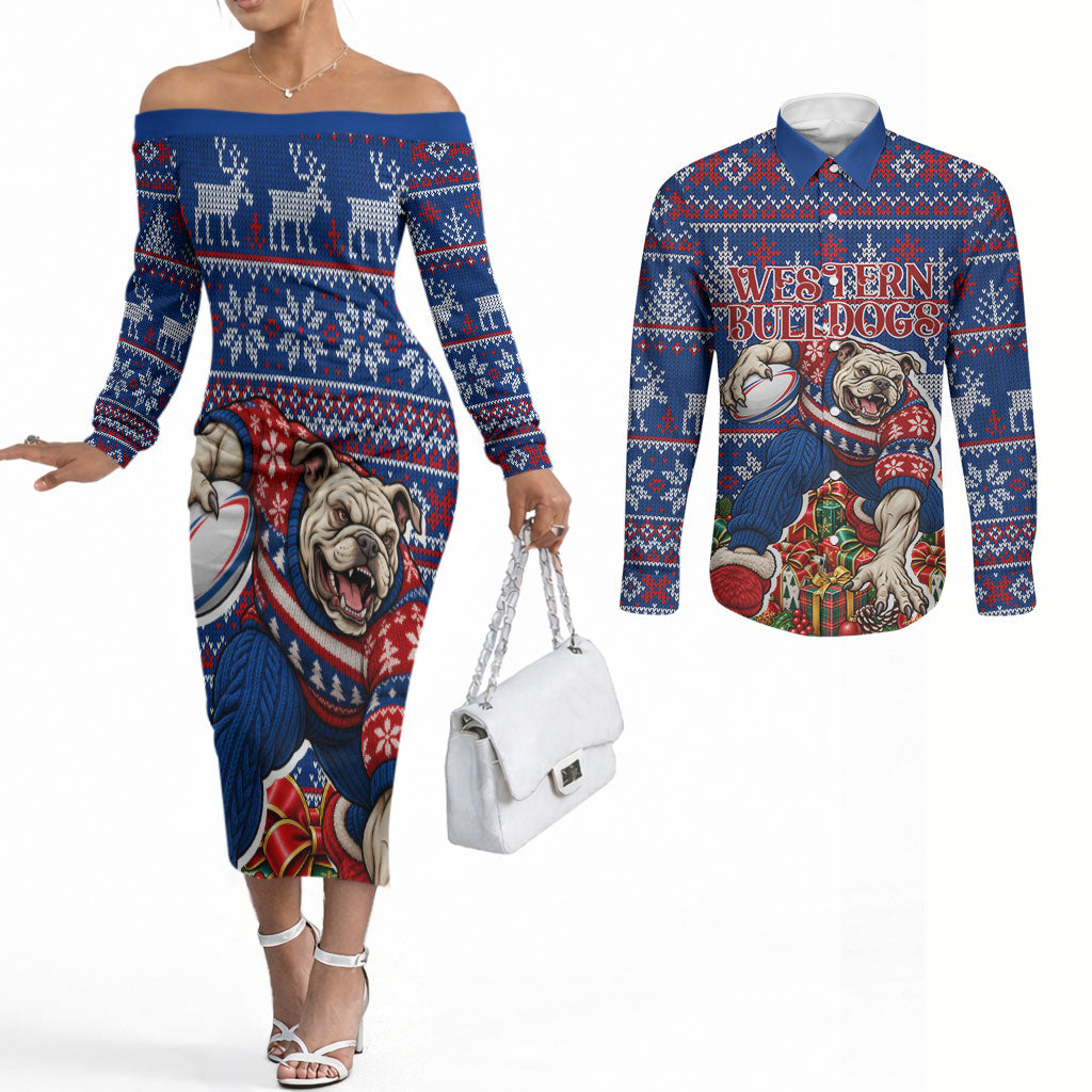 Personalized Western Bulldogs Football Christmas Couples Matching Off The Shoulder Long Sleeve Dress and Long Sleeve Button Shirt Australian Football Mascot - Ugly Xmas Pattern Festive