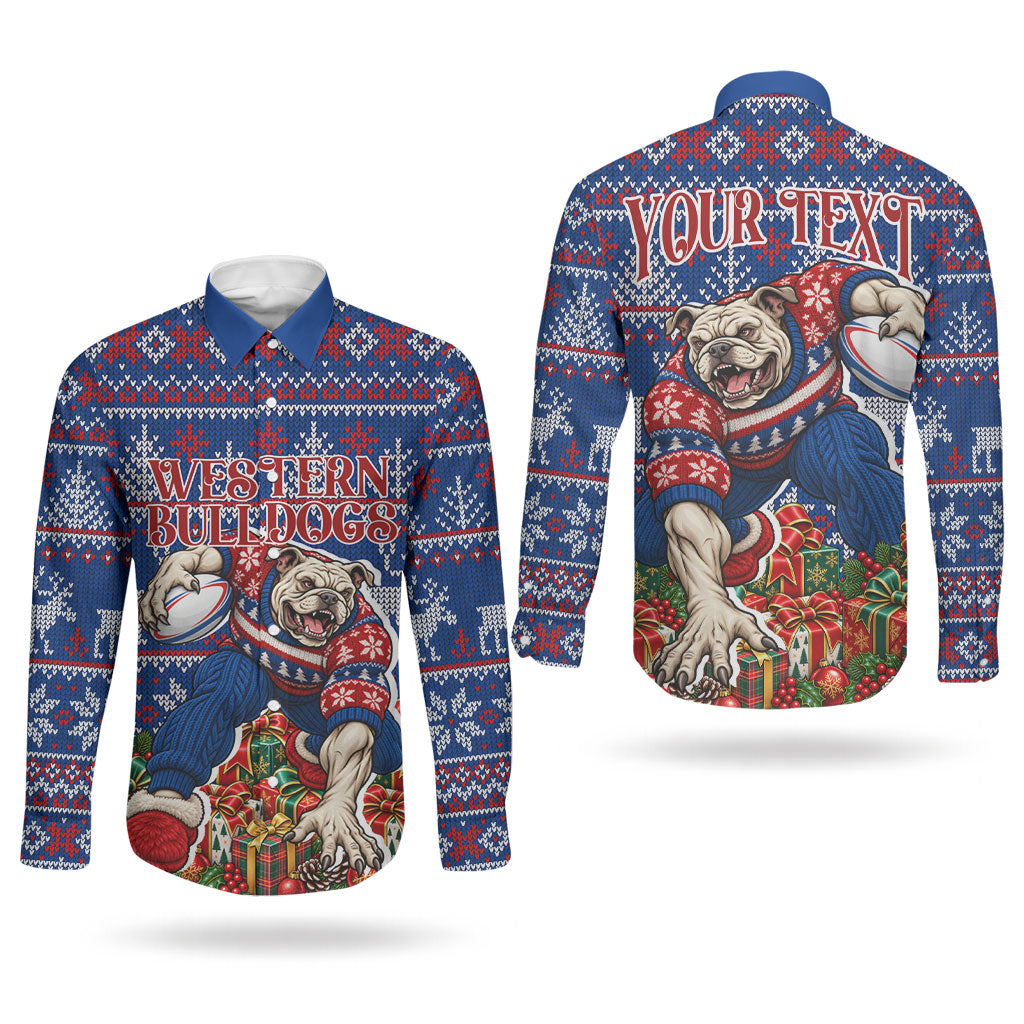 Personalized Western Bulldogs Football Christmas Couples Matching Off The Shoulder Long Sleeve Dress and Long Sleeve Button Shirt Australian Football Mascot - Ugly Xmas Pattern Festive