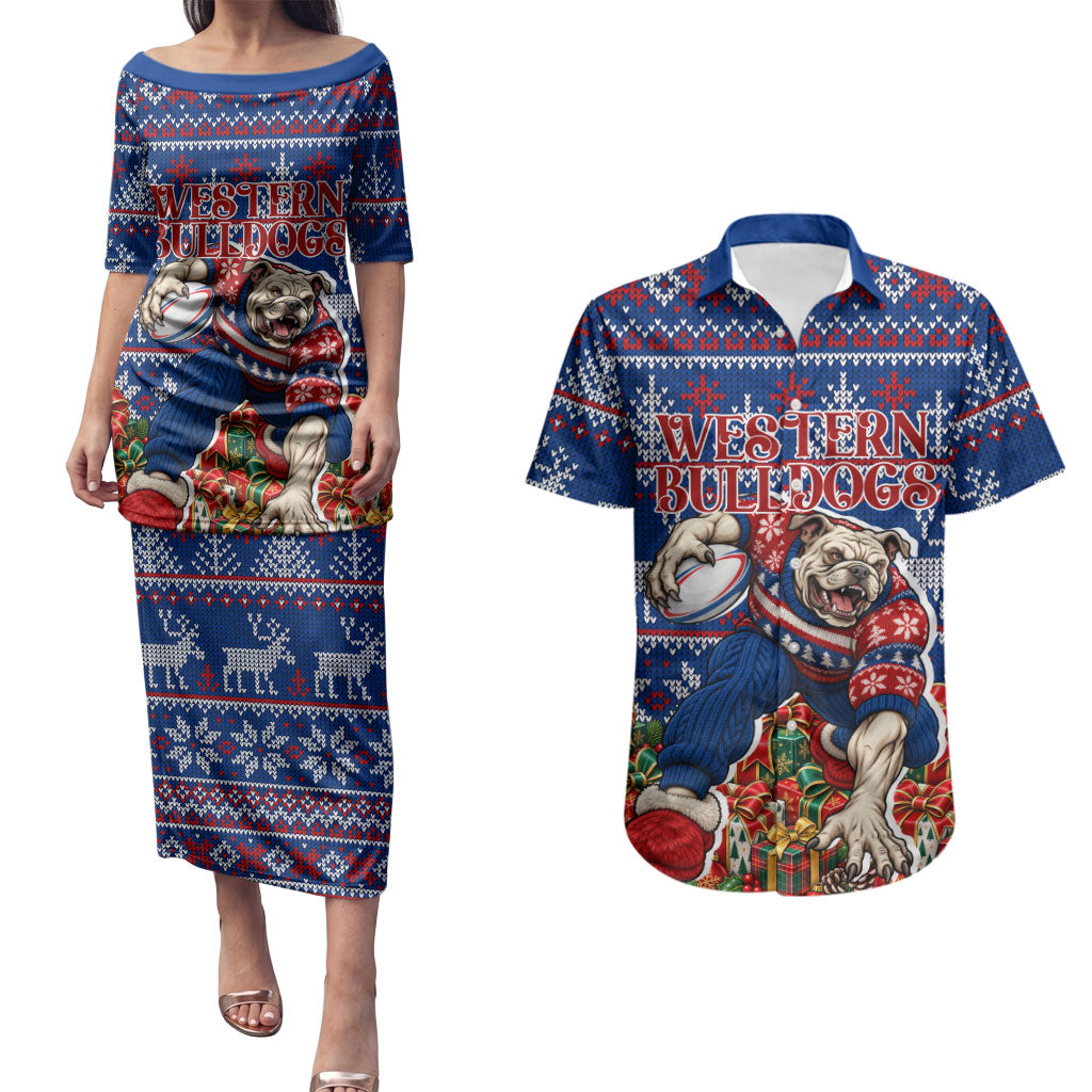 Personalized Western Bulldogs Football Christmas Couples Matching Puletasi and Hawaiian Shirt Australian Football Mascot - Ugly Xmas Pattern Festive