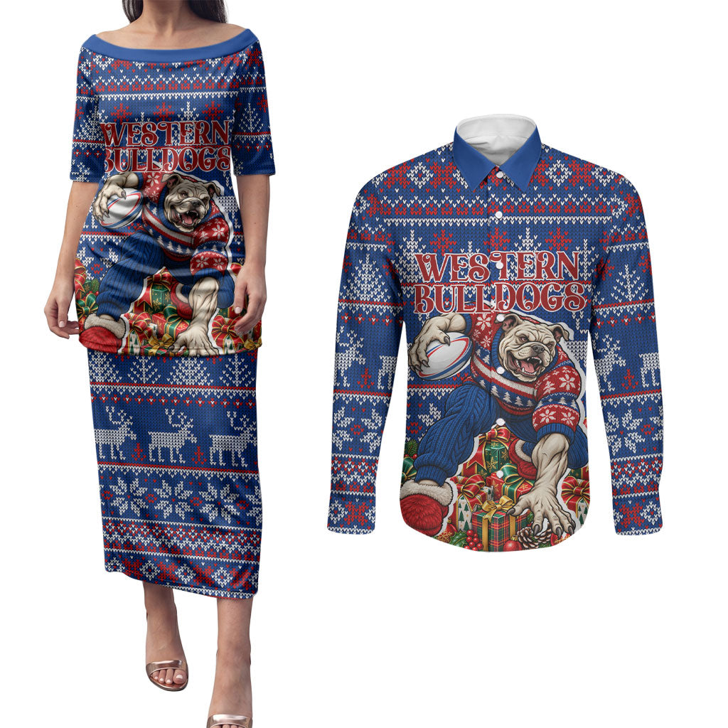 Personalized Western Bulldogs Football Christmas Couples Matching Puletasi and Long Sleeve Button Shirt Australian Football Mascot - Ugly Xmas Pattern Festive