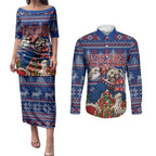 Personalized Western Bulldogs Football Christmas Couples Matching Puletasi and Long Sleeve Button Shirt Australian Football Mascot - Ugly Xmas Pattern Festive