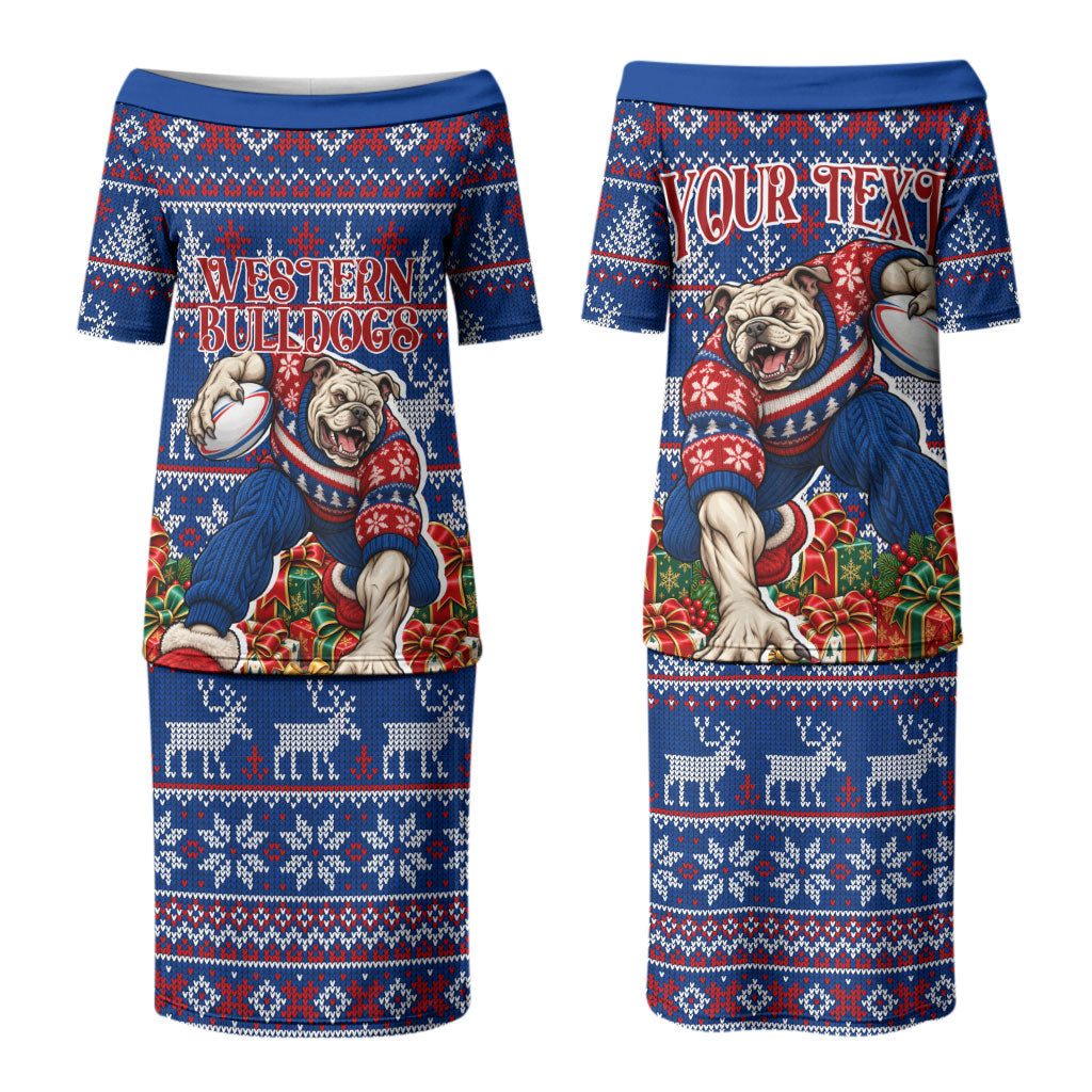 Personalized Western Bulldogs Football Christmas Couples Matching Puletasi and Long Sleeve Button Shirt Australian Football Mascot - Ugly Xmas Pattern Festive