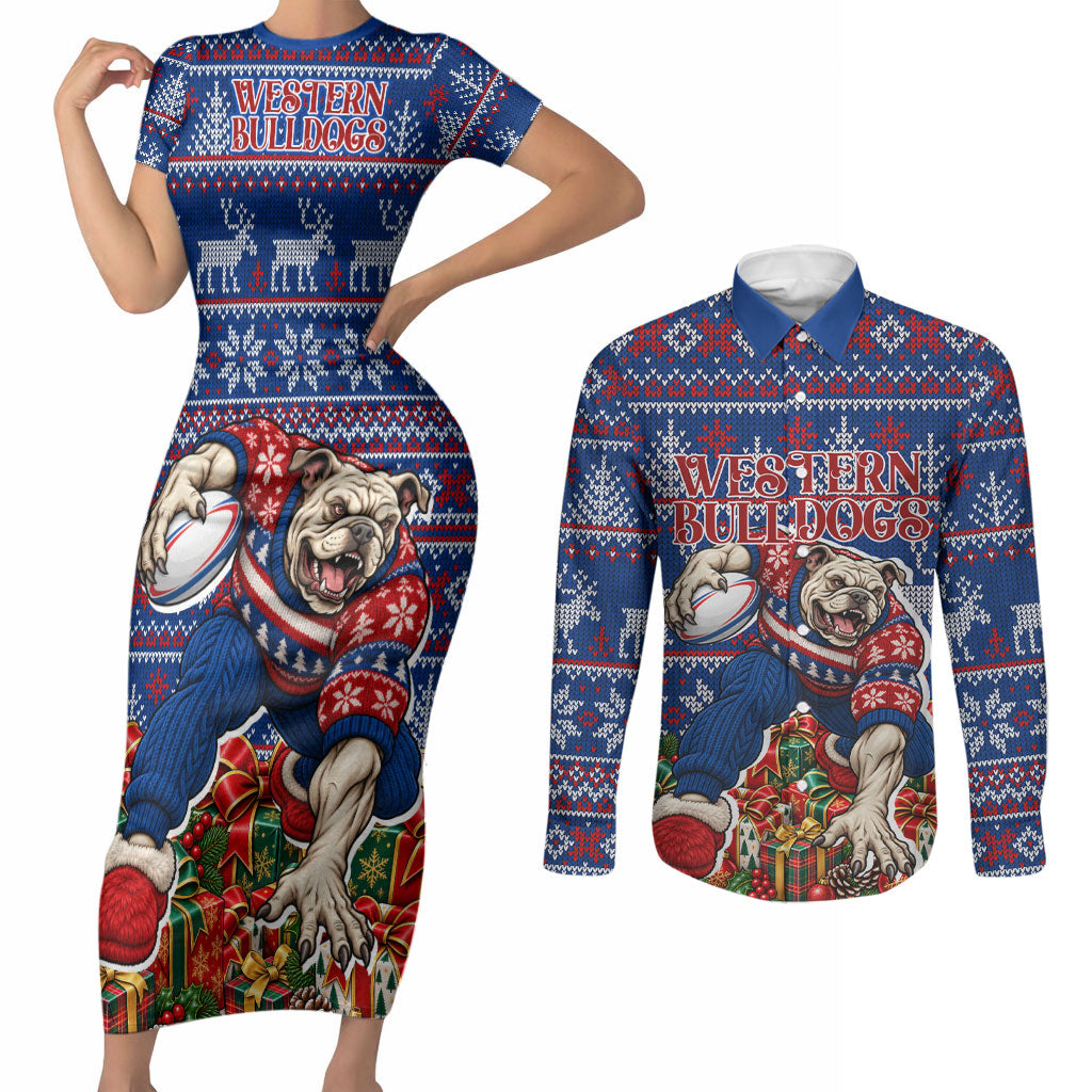 Personalized Western Bulldogs Football Christmas Couples Matching Short Sleeve Bodycon Dress and Long Sleeve Button Shirt Australian Football Mascot - Ugly Xmas Pattern Festive