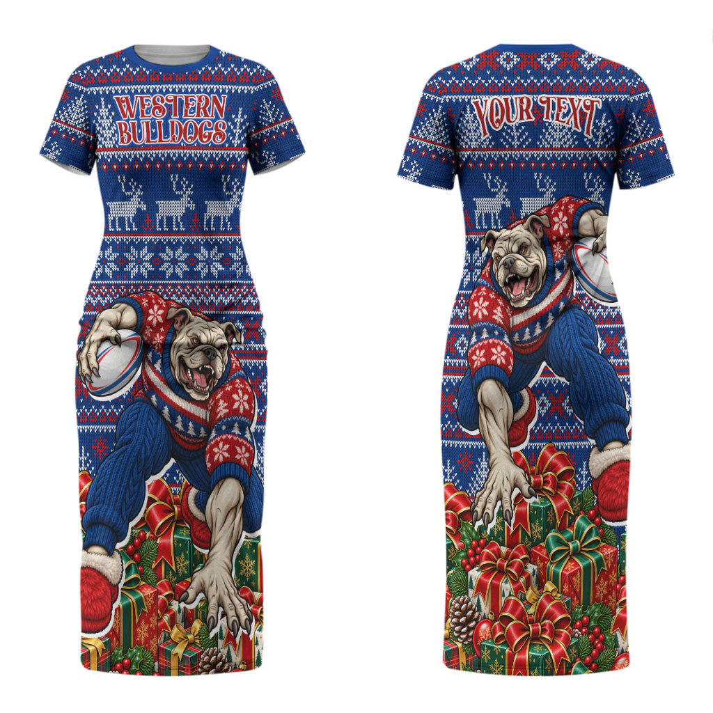 Personalized Western Bulldogs Football Christmas Couples Matching Short Sleeve Bodycon Dress and Long Sleeve Button Shirt Australian Football Mascot - Ugly Xmas Pattern Festive