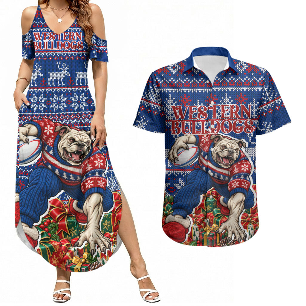 Personalized Western Bulldogs Football Christmas Couples Matching Summer Maxi Dress and Hawaiian Shirt Australian Football Mascot - Ugly Xmas Pattern Festive