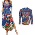 Personalized Western Bulldogs Football Christmas Couples Matching Summer Maxi Dress and Long Sleeve Button Shirt Australian Football Mascot - Ugly Xmas Pattern Festive