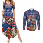 Personalized Western Bulldogs Football Christmas Couples Matching Summer Maxi Dress and Long Sleeve Button Shirt Australian Football Mascot - Ugly Xmas Pattern Festive