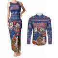 Personalized Western Bulldogs Football Christmas Couples Matching Tank Maxi Dress and Long Sleeve Button Shirt Australian Football Mascot - Ugly Xmas Pattern Festive
