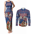 Personalized Western Bulldogs Football Christmas Couples Matching Tank Maxi Dress and Long Sleeve Button Shirt Australian Football Mascot - Ugly Xmas Pattern Festive