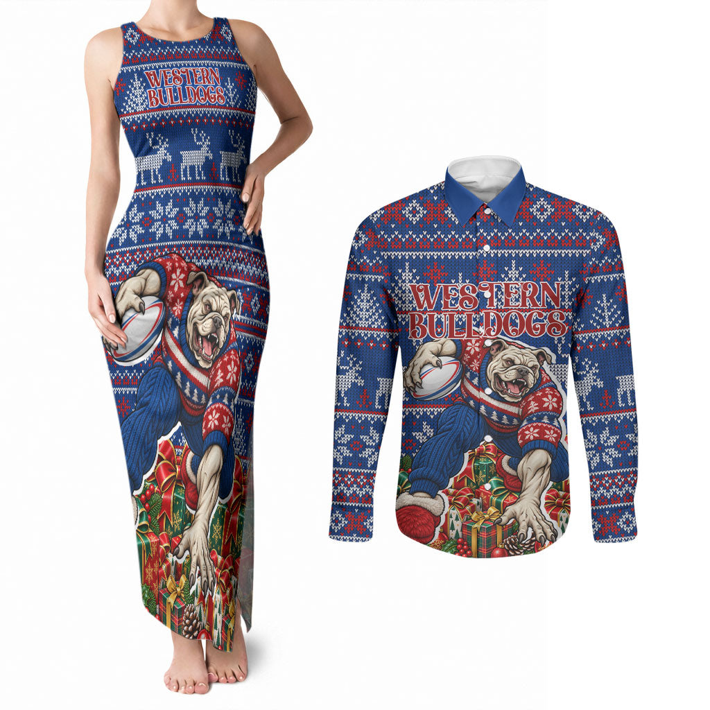 Personalized Western Bulldogs Football Christmas Couples Matching Tank Maxi Dress and Long Sleeve Button Shirt Australian Football Mascot - Ugly Xmas Pattern Festive