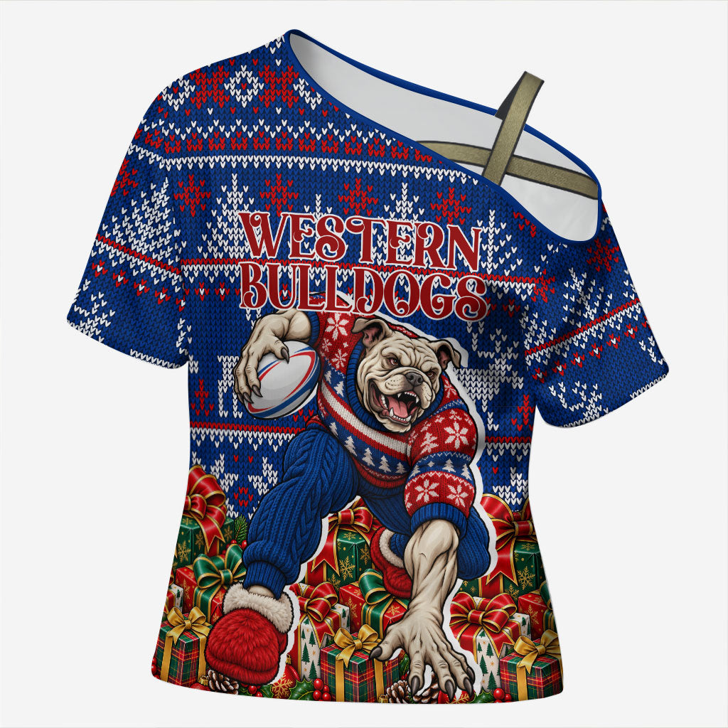 Personalized Western Bulldogs Football Christmas Cross Shoulder Shirt Australian Football Mascot - Ugly Xmas Pattern Festive