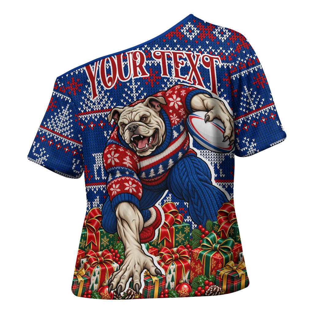 Personalized Western Bulldogs Football Christmas Cross Shoulder Shirt Australian Football Mascot - Ugly Xmas Pattern Festive