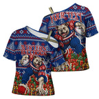 Personalized Western Bulldogs Football Christmas Cross Shoulder Shirt Australian Football Mascot - Ugly Xmas Pattern Festive