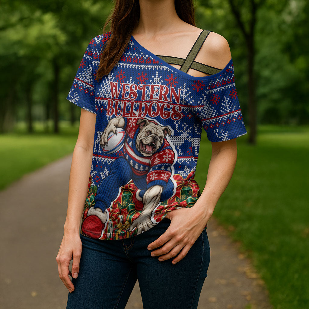 Personalized Western Bulldogs Football Christmas Cross Shoulder Shirt Australian Football Mascot - Ugly Xmas Pattern Festive