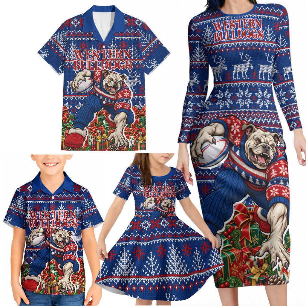 Personalized Western Bulldogs Football Christmas Family Matching Long Sleeve Bodycon Dress and Hawaiian Shirt Australian Football Mascot - Ugly Xmas Pattern Festive