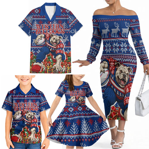 Personalized Western Bulldogs Football Christmas Family Matching Off The Shoulder Long Sleeve Dress and Hawaiian Shirt Australian Football Mascot - Ugly Xmas Pattern Festive