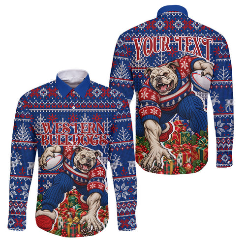 Personalized Western Bulldogs Football Christmas Family Matching Off The Shoulder Long Sleeve Dress and Hawaiian Shirt Australian Football Mascot - Ugly Xmas Pattern Festive