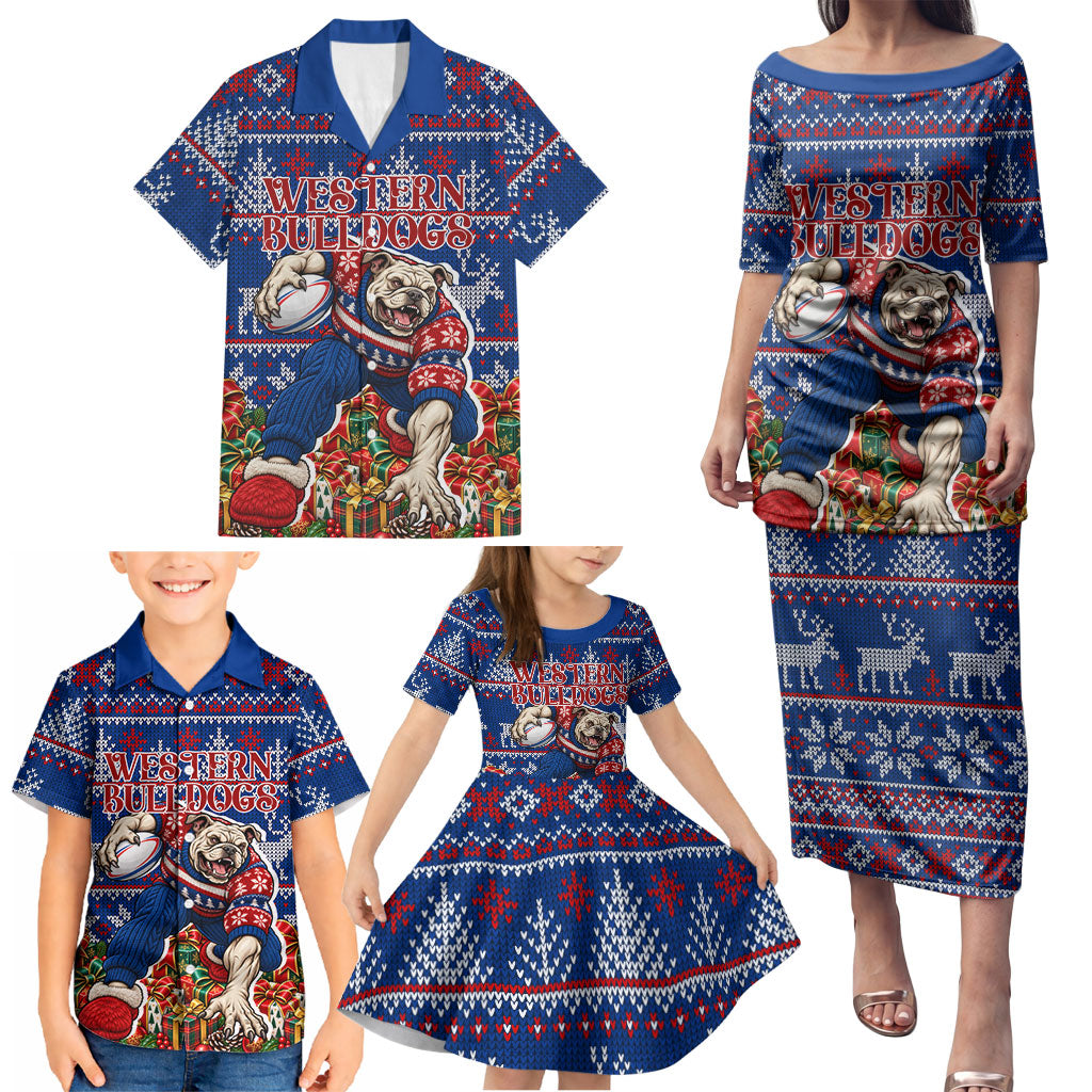 Personalized Western Bulldogs Football Christmas Family Matching Puletasi and Hawaiian Shirt Australian Football Mascot - Ugly Xmas Pattern Festive