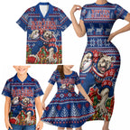 Personalized Western Bulldogs Football Christmas Family Matching Short Sleeve Bodycon Dress and Hawaiian Shirt Australian Football Mascot - Ugly Xmas Pattern Festive