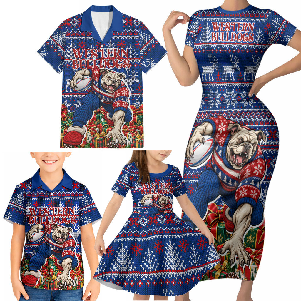 Personalized Western Bulldogs Football Christmas Family Matching Short Sleeve Bodycon Dress and Hawaiian Shirt Australian Football Mascot - Ugly Xmas Pattern Festive