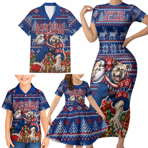 Personalized Western Bulldogs Football Christmas Family Matching Short Sleeve Bodycon Dress and Hawaiian Shirt Australian Football Mascot - Ugly Xmas Pattern Festive
