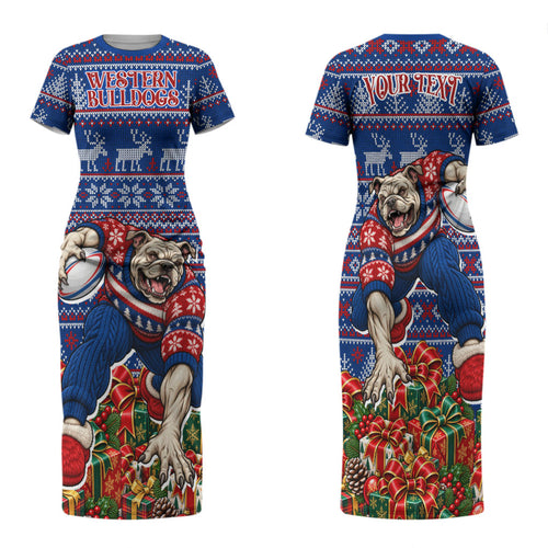 Personalized Western Bulldogs Football Christmas Family Matching Short Sleeve Bodycon Dress and Hawaiian Shirt Australian Football Mascot - Ugly Xmas Pattern Festive