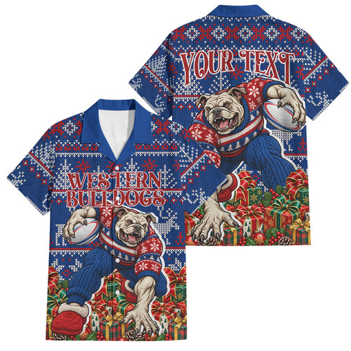 Personalized Western Bulldogs Football Christmas Family Matching Short Sleeve Bodycon Dress and Hawaiian Shirt Australian Football Mascot - Ugly Xmas Pattern Festive