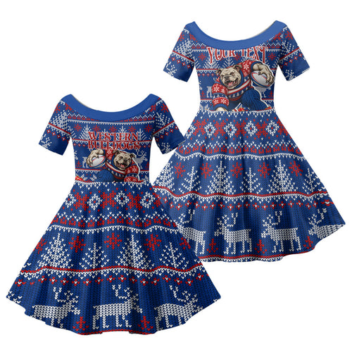Personalized Western Bulldogs Football Christmas Family Matching Short Sleeve Bodycon Dress and Hawaiian Shirt Australian Football Mascot - Ugly Xmas Pattern Festive