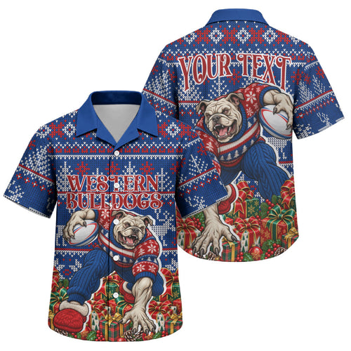Personalized Western Bulldogs Football Christmas Family Matching Short Sleeve Bodycon Dress and Hawaiian Shirt Australian Football Mascot - Ugly Xmas Pattern Festive