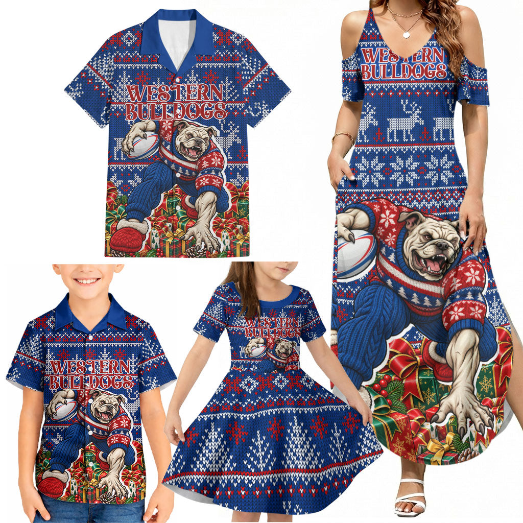 Personalized Western Bulldogs Football Christmas Family Matching Summer Maxi Dress and Hawaiian Shirt Australian Football Mascot - Ugly Xmas Pattern Festive