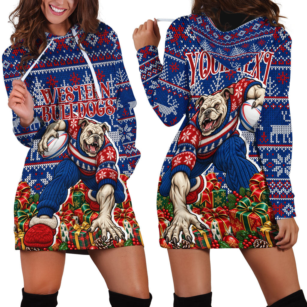 Personalized Western Bulldogs Football Christmas Hoodie Dress Australian Football Mascot - Ugly Xmas Pattern Festive