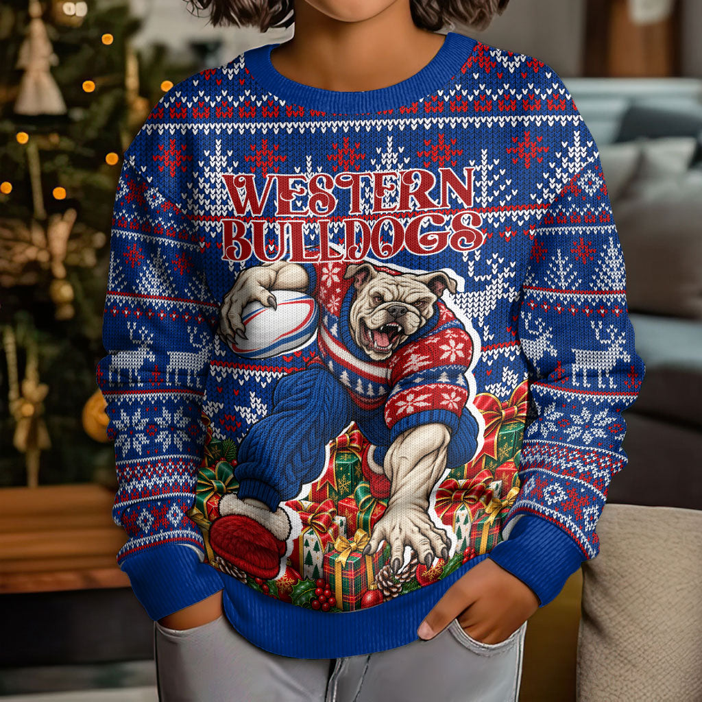Personalized Western Bulldogs Football Christmas Kid Ugly Christmas Sweater Australian Football Mascot - Ugly Xmas Pattern Festive