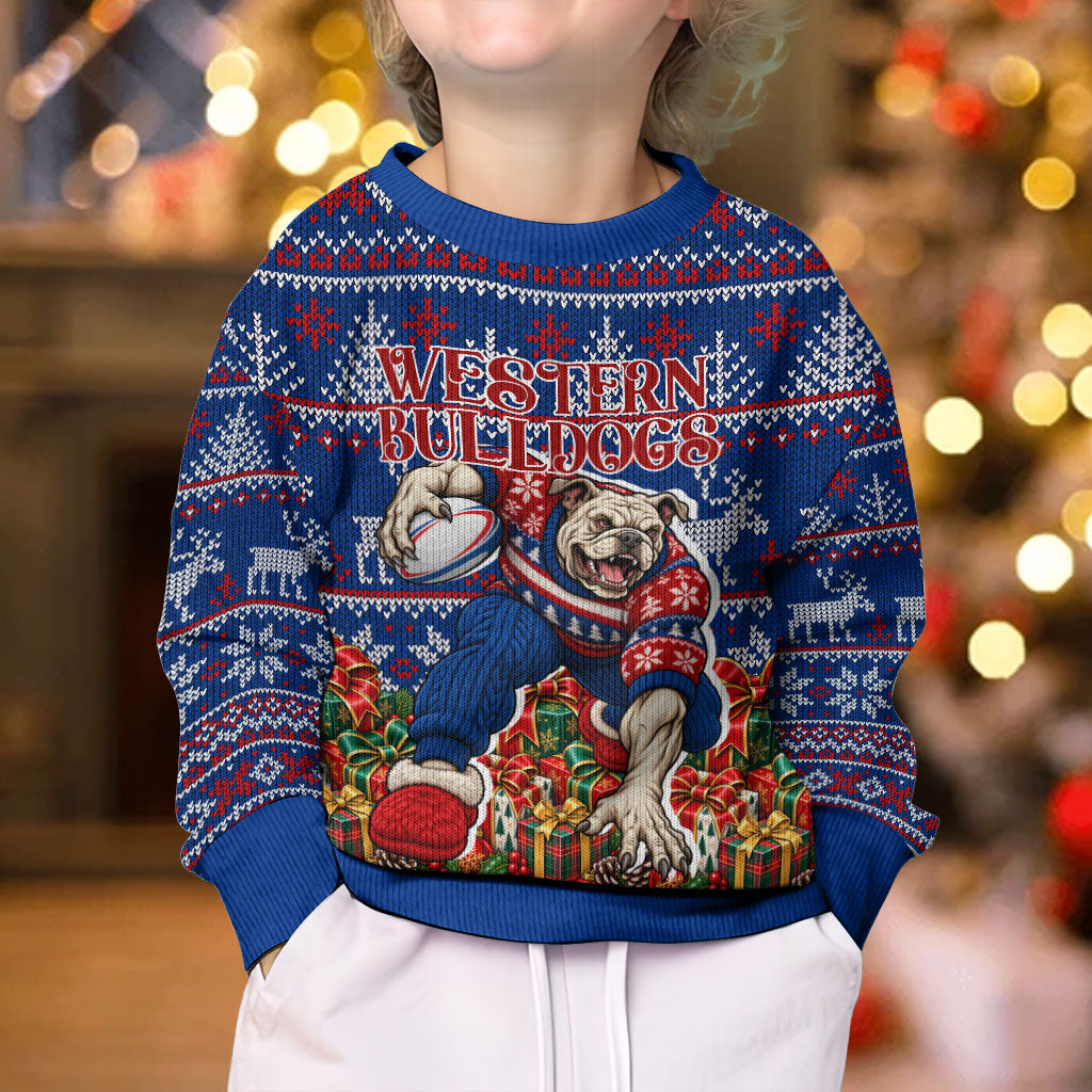 Personalized Western Bulldogs Football Christmas Kid Ugly Christmas Sweater Australian Football Mascot - Ugly Xmas Pattern Festive