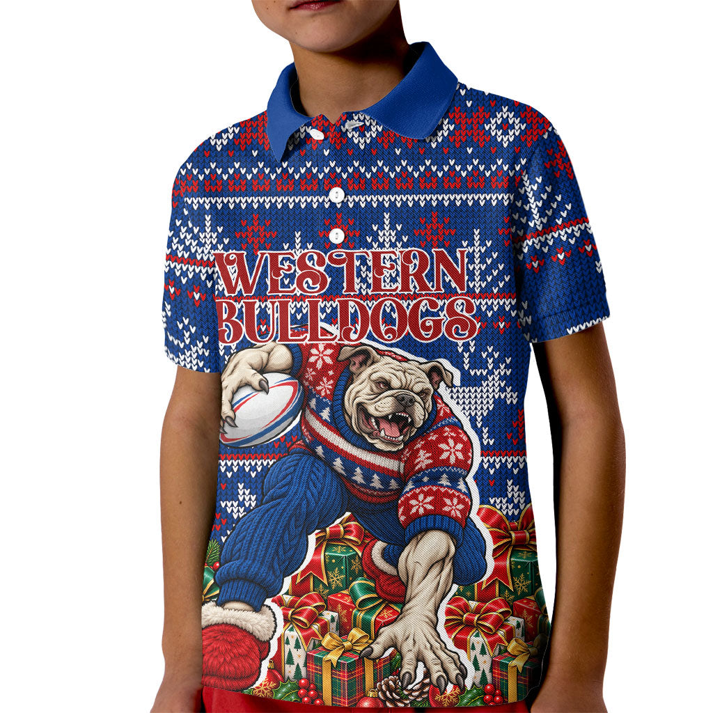 Personalized Western Bulldogs Football Christmas Kid Polo Shirt Australian Football Mascot - Ugly Xmas Pattern Festive
