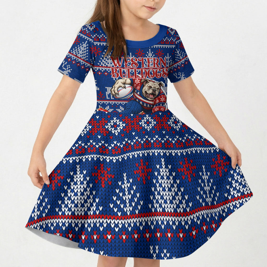 Personalized Western Bulldogs Football Christmas Kid Short Sleeve Dress Australian Football Mascot - Ugly Xmas Pattern Festive