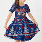 Personalized Western Bulldogs Football Christmas Kid Short Sleeve Dress Australian Football Mascot - Ugly Xmas Pattern Festive