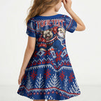 Personalized Western Bulldogs Football Christmas Kid Short Sleeve Dress Australian Football Mascot - Ugly Xmas Pattern Festive