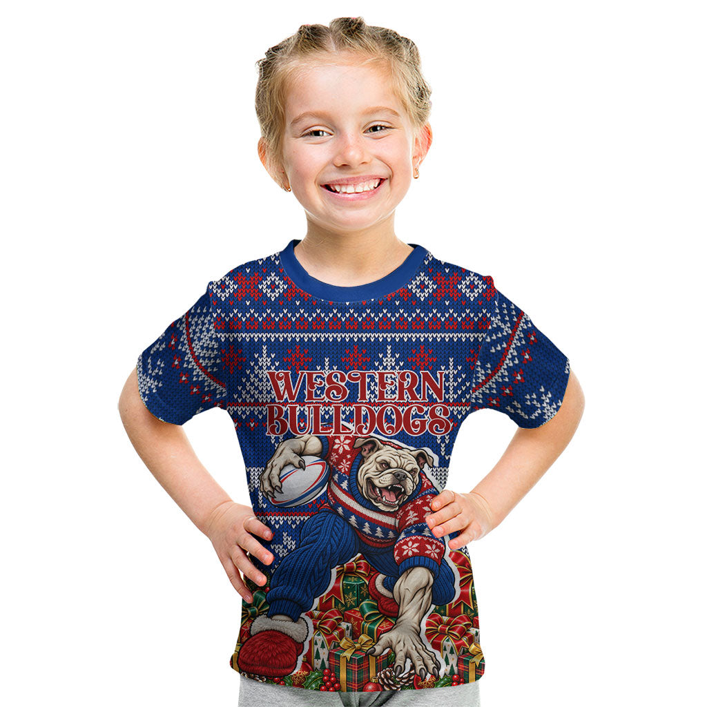 Personalized Western Bulldogs Football Christmas Kid T Shirt Australian Football Mascot - Ugly Xmas Pattern Festive