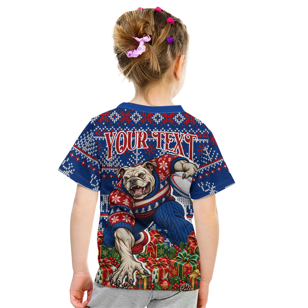 Personalized Western Bulldogs Football Christmas Kid T Shirt Australian Football Mascot - Ugly Xmas Pattern Festive