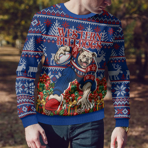 Personalized Western Bulldogs Football Christmas Ugly Christmas Sweater Australian Football Mascot - Ugly Xmas Pattern Festive