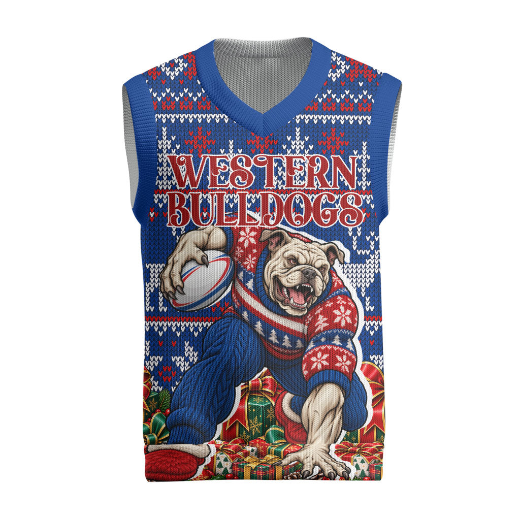 Personalized Western Bulldogs Football Christmas Knitted V-Neck Vest Australian Football Mascot - Ugly Xmas Pattern Festive