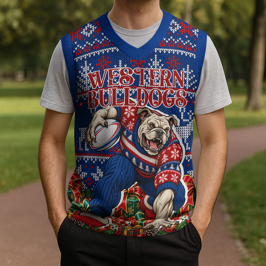 Personalized Western Bulldogs Football Christmas Knitted V-Neck Vest Australian Football Mascot - Ugly Xmas Pattern Festive