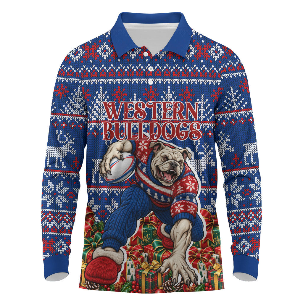 Personalized Western Bulldogs Football Christmas Long Sleeve Polo Shirt Australian Football Mascot - Ugly Xmas Pattern Festive