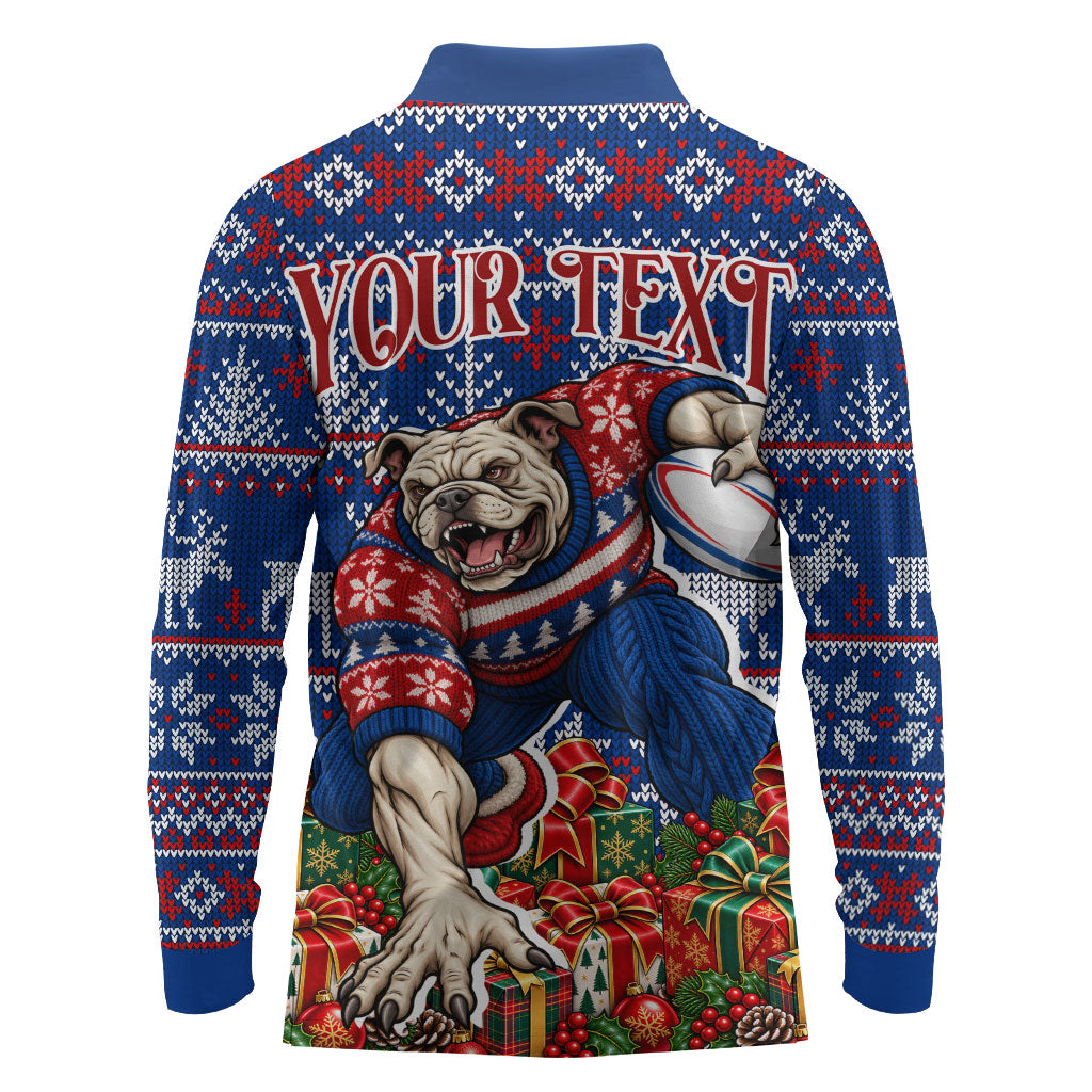 Personalized Western Bulldogs Football Christmas Long Sleeve Polo Shirt Australian Football Mascot - Ugly Xmas Pattern Festive