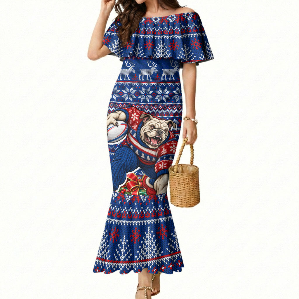 Personalized Western Bulldogs Football Christmas Mermaid Dress Australian Football Mascot - Ugly Xmas Pattern Festive