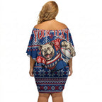 Personalized Western Bulldogs Football Christmas Off Shoulder Short Dress Australian Football Mascot - Ugly Xmas Pattern Festive