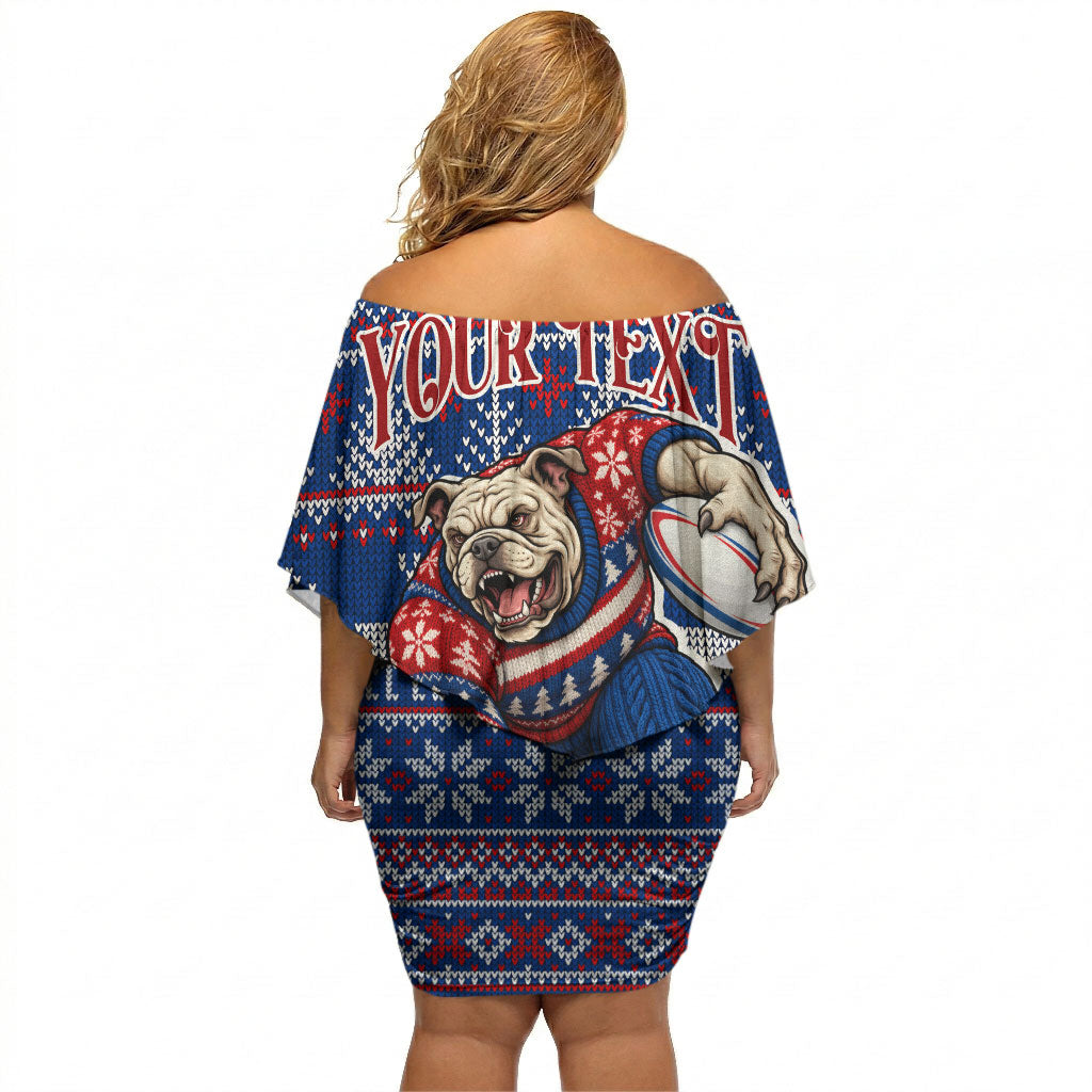 Personalized Western Bulldogs Football Christmas Off Shoulder Short Dress Australian Football Mascot - Ugly Xmas Pattern Festive